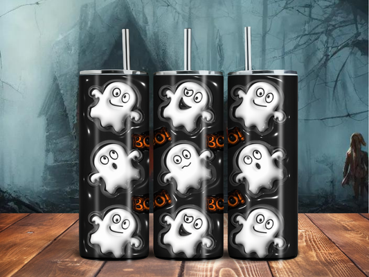 Cute Ghost Halloween Tumbler – 20oz Black Spooky Cup with “BOO!” Design | Sublimated Stainless Steel Drinkware