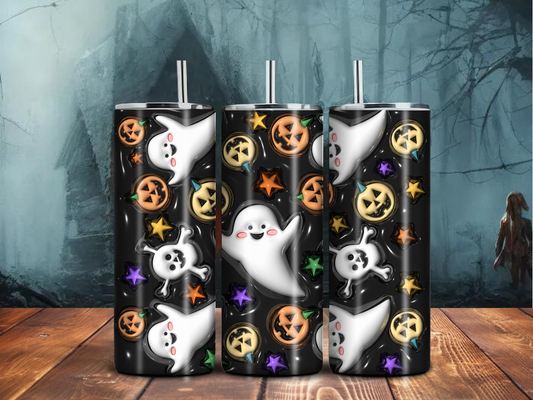 Cute Halloween Ghost & Pumpkin Tumbler – 20oz Sublimated Stainless Steel Drinkware with Stars & Skulls