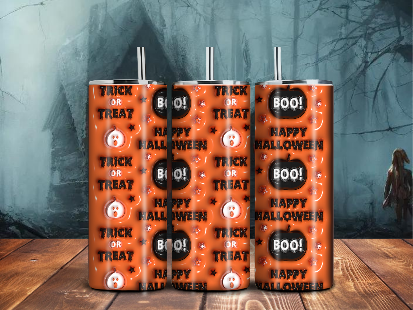 Trick or Treat Halloween Tumbler – 20oz Sublimated Stainless Steel Cup with Ghosts & Pumpkins