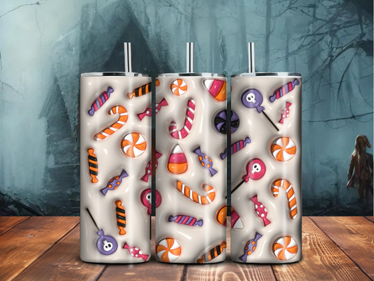 Halloween Candy Tumbler – 20oz Stainless Steel Sublimated Cup with Spooky Sweets & Skulls
