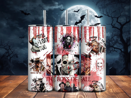 White Horror Collage Tumbler – Slasher Quotes & Creepy Character Mashup (20oz)