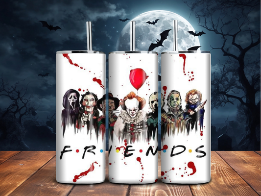 Bloody Horror Friends Tumbler – White Slasher Squad Halloween Cup (20oz)