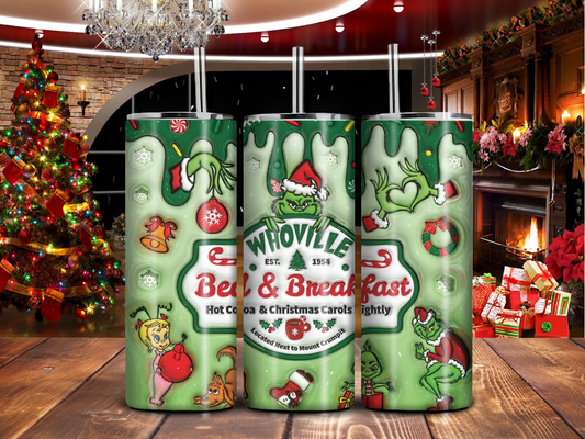 Whoville Bed & Breakfast 20oz Tumbler – Grinch Christmas Cocoa & Caroling Design