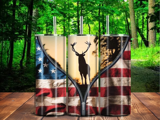 Patriotic Deer Hunting 20oz Tumbler – American Flag Zipper Design with Buck Silhouette