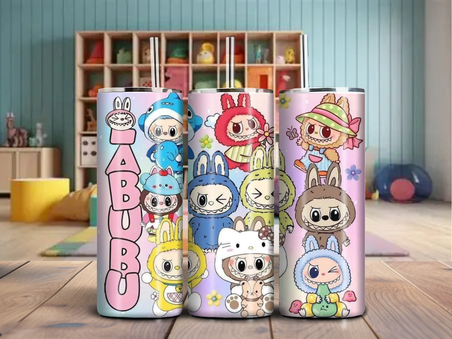 Kawaii Labubu Characters Tumbler – 20oz Pastel Rainbow Cup