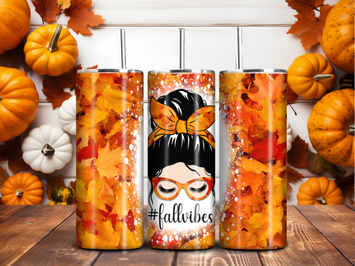 #FallVibes Tumbler – 20oz Stainless Steel Cup with Autumn Leaves & Messy Bun Design