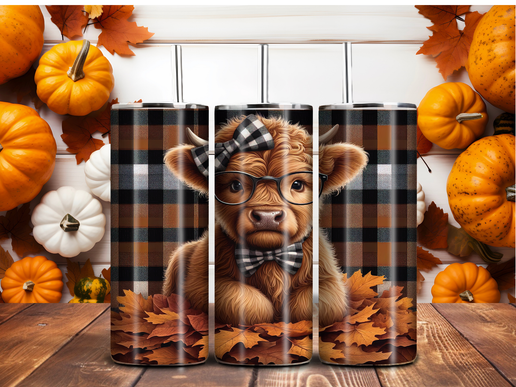Fall Highland Cow Tumbler – 20oz Plaid Autumn Vibes Stainless Steel Cup