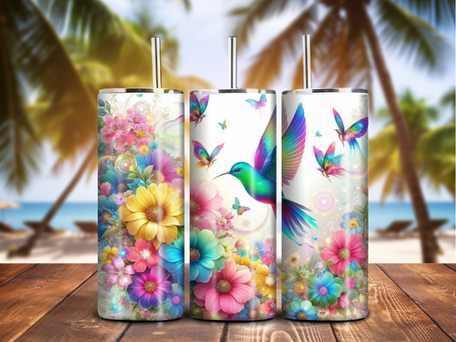 Hummingbird & Floral Tumbler – 20oz Stainless Steel, Colorful Spring Vibes