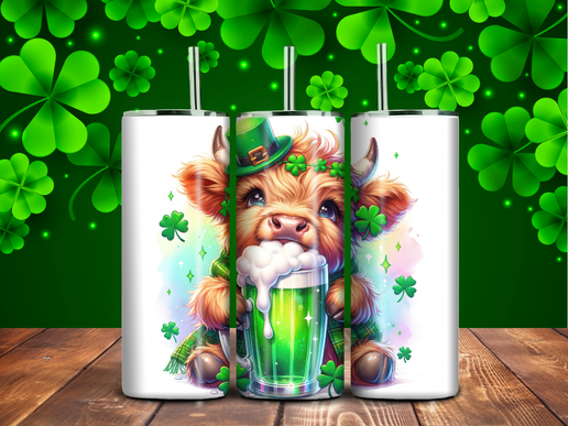 St. Patrick’s Day Highland Cow Tumbler – 20oz Stainless Steel, Cute Green Beer Sublimation Cup
