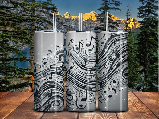 Silver Music Notes 20oz Tumbler – Black & White Swirl Design for Musicians & Music Lovers