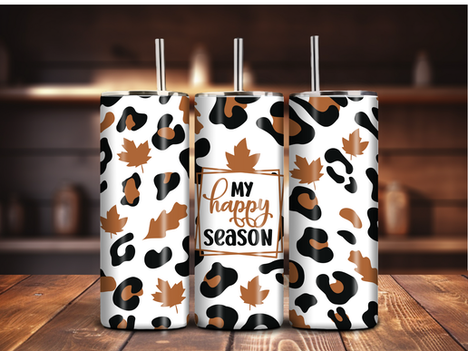 My Happy Season Leopard Print Tumbler – 20oz Fall Aesthetic Drinkware
