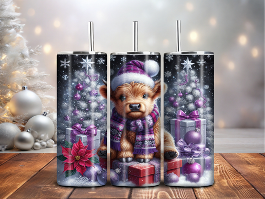 Christmas Highland Cow Tumbler – 20oz Stainless Steel, Cute Holiday Sublimation Drinkware