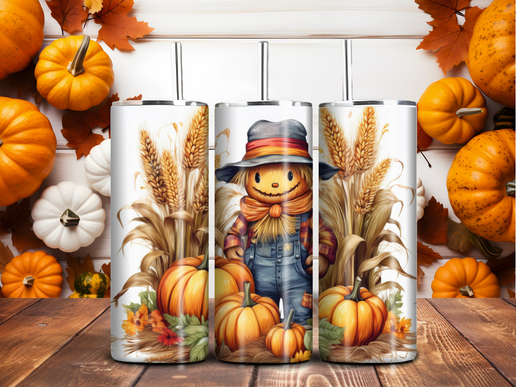 Fall Scarecrow Tumbler – 20oz Autumn Pumpkin & Wheat Sublimation Cup
