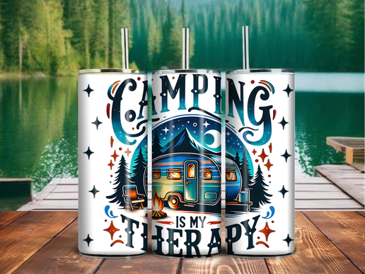 Camping Is My Therapy Tumbler – 20oz Stainless Steel, Vintage Camper Sublimation Drinkware
