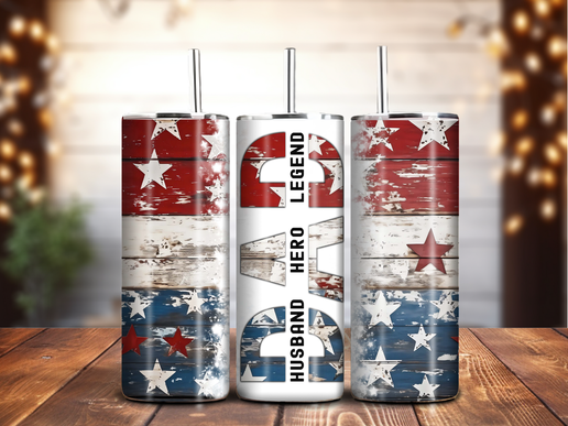 Distressed Flag DAD Tumbler – 20oz Stainless Steel, Husband Hero Legend Patriotic Cup