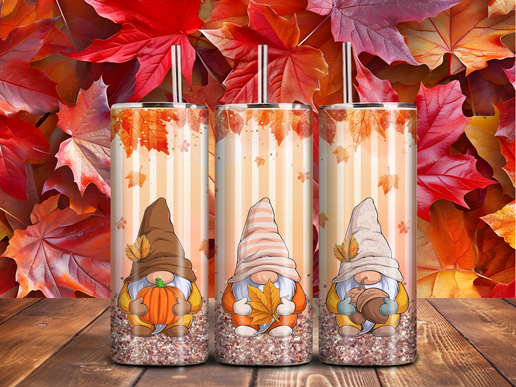 Fall Gnome Glitter Tumbler – 20oz Stainless Steel Autumn Leaves & Pumpkins Design