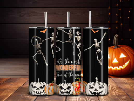 Dancing Skeletons Halloween Tumbler – 20oz Stainless Steel "Most Wonderful Time" Cup