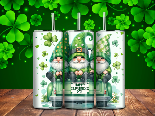 St. Patrick’s Day Gnomes in a Truck Tumbler – 20oz Stainless Steel, Sublimation Holiday Cup