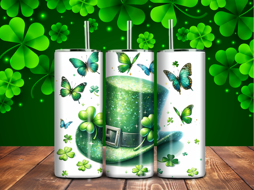 Butterfly Clover Sparkle Tumbler – 20oz Stainless Steel, St. Patrick’s Day Sublimation Cup