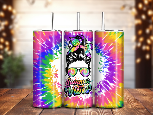 Summer Vibes Tie-Dye Tumbler – 20oz Stainless Steel, Rainbow Sublimation Cup with Messy Bun Design