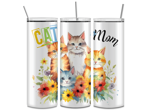 Cat Mom Floral Tumbler – 20oz Stainless Steel, Cute Sublimation Gift for Pet Lovers