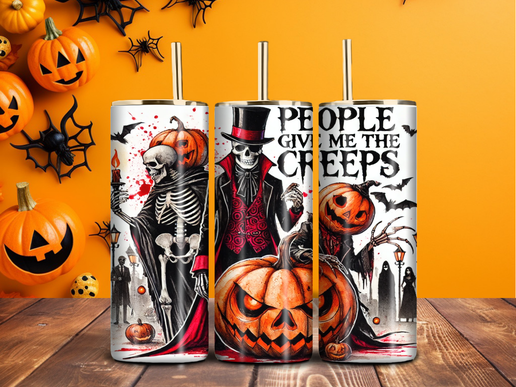 People Give Me the Creeps Halloween Tumbler – 20oz Gothic Skeleton & Pumpkin Cup