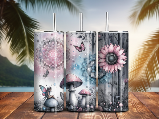 Whimsical Fairy Forest Tumbler – 20oz Stainless Steel, Mushrooms, Mandalas & Magic