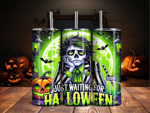 “Just Waiting for Halloween” Skeleton Tumbler – 20oz Spooky Green Gothic Stainless Steel Cup