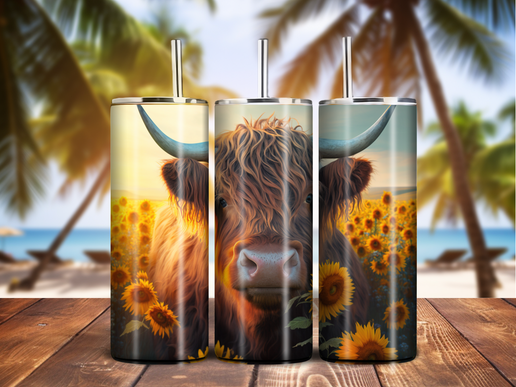 Highland Cow & Sunflower Tumbler – 20oz Stainless Steel, Country Girl Vibes