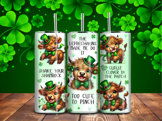 Too Cute to Pinch – Highland Calf St. Patrick’s Day Tumbler | 20oz Stainless Steel Sublimation