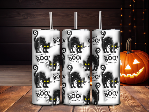 Black Cat “BOO!” Halloween Tumbler – 20oz Stainless Steel, Sublimation Spooky Cute Cup
