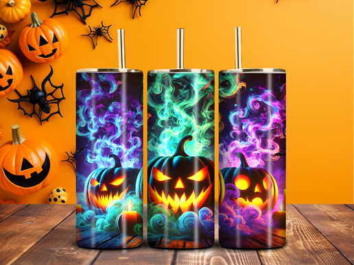 Neon Smoke Halloween Pumpkin 20oz Tumbler – Spooky Glowing Jack-O’-Lantern Cup