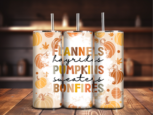 Fall Vibes 20oz Tumbler – Flannels, Hayrides, Pumpkins, Bonfires & More