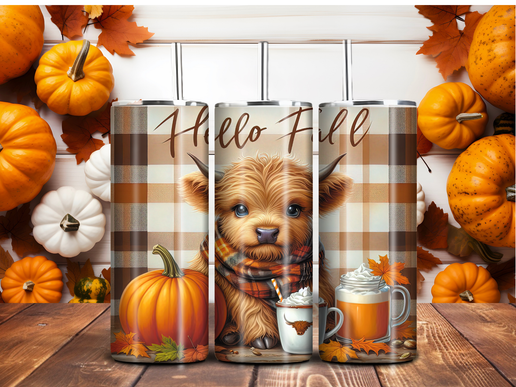 Hello Fall Highland Cow Tumbler – 20oz Autumn Plaid Pumpkin Mug