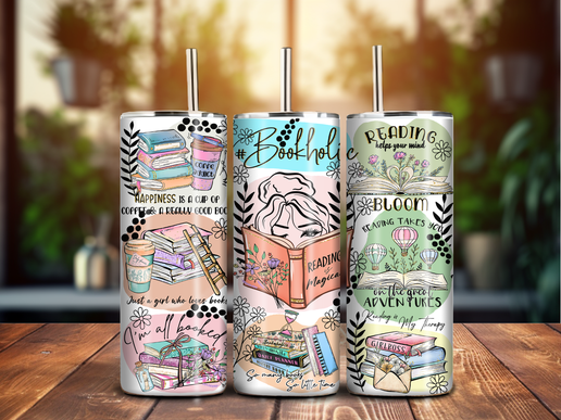 Book Lover 20oz Skinny Tumbler – Reading Quotes Design with Lid & Straw