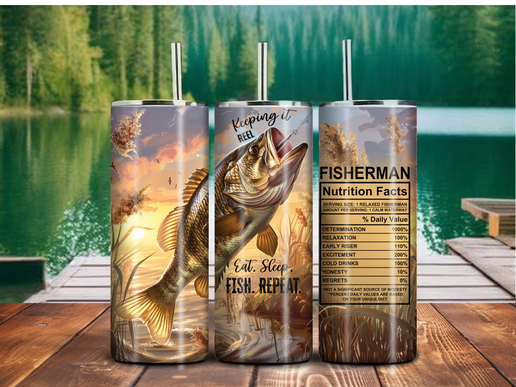 Fisherman Nutrition Facts – 20oz “Eat. Sleep. Fish. Repeat.” Stainless Steel Tumbler