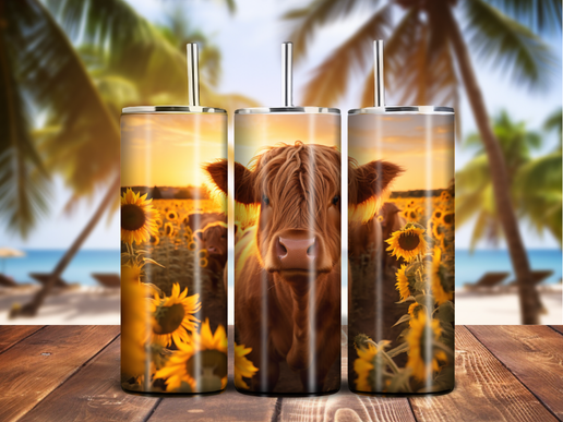 Sunset Highland Cow Tumbler – 20oz Stainless Steel with Sunflowers & Rustic Charm