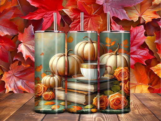 Fall Pumpkin & Books 20oz Tumbler – Autumn Tea Cup Cozy Vibes Drinkware